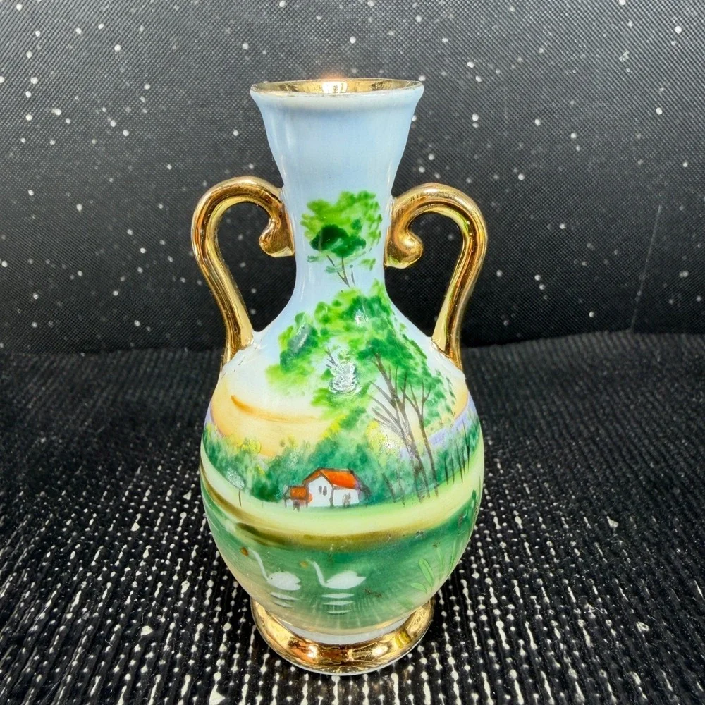 Vintage German Porcelain Miniature Bud Vase Hand Painted Swan Landscape Gold